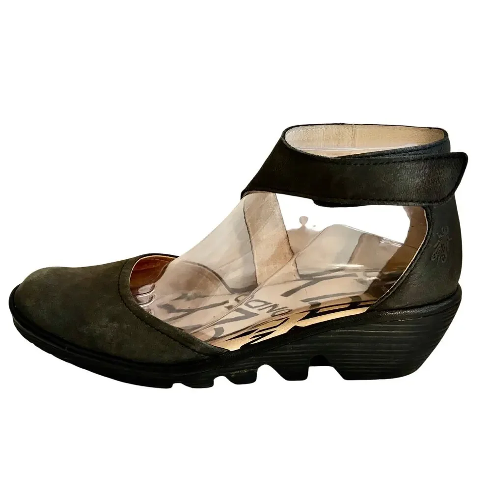 Fly London Piat Nubuck Leather Mary Jane Wedge Shoes w/ Ankle Strap Retro 39